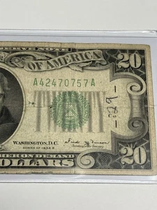 1934 B $20 Federal Reserve Note Fr# 2056-A (Boston, MA) w/ Mylar Sleeve FRN - Picture 1 of 3