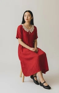 Dress Vintage 90s Red Lace Collar Tie Back Cottagecore Feminine Demure Small P - Picture 1 of 8