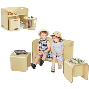 3 Pieces Kids Wooden Table & Chairs Set Children Play Study Activity Desk Bench - Picture 1 of 10