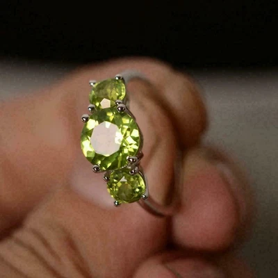 Peridot Three Stone Engagement Ring 3.40Ct Round Cut  14K White Gold Finish - Image 1 of 3
