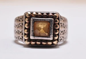 VINTAGE STERLING SILVER & 14K GOLD YELLOW STONE UNISEX RING SIZE 7.5 - Picture 1 of 8