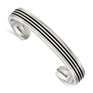 Stainless Steel Polished/Brushed Black Rubber Inlay Cuff Bangle - Picture 1 of 4