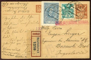 Checoslovaquia 1921, Reg. Tarjeta de papelería postal mejorada a Bos.Brod, Yugoslavia - Imagen 1 de 2