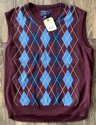 Chaleco Suéter Saddlebred Para Hombre M Borgoña y Azul Sin Mangas Cuello en V Nuevo con Etiquetas Foto 1 de 4