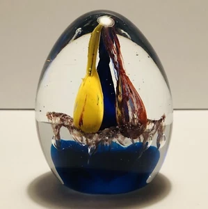 Vintage Large Egg-Shaped Art Glass Modernistic Paperweight Blue/Yellow/Red - Picture 1 of 7