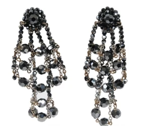Daniel Swarovski Women Vintage Black Crystal Ball Drop Earrings Clip On Gunmetal - Picture 1 of 8