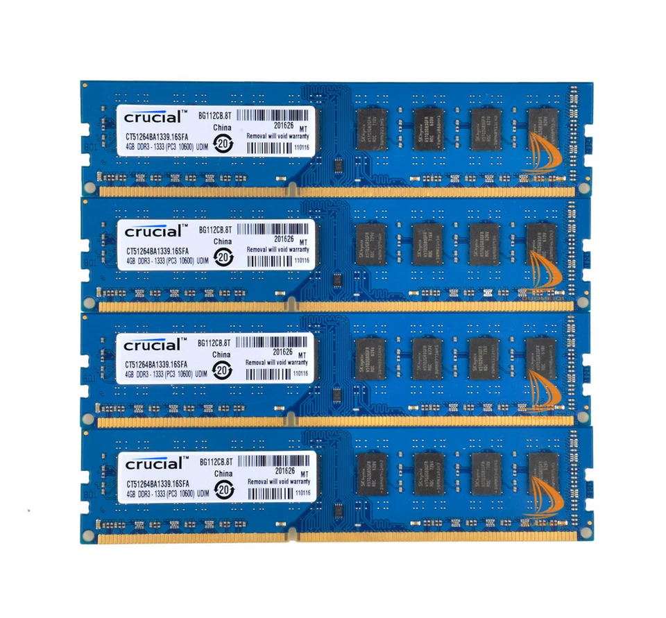 Desktop RAM Crucial 16GB 4X 4GB 2Rx8 PC3-10600U DDR3 1333Mhz DIMM 240Pin Memory - Image 1 of 4