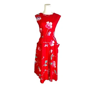 Vintage 80s Java Wraps Cherry Red Cotton Tropical Floral Batik Print Sundress M - Picture 1 of 6