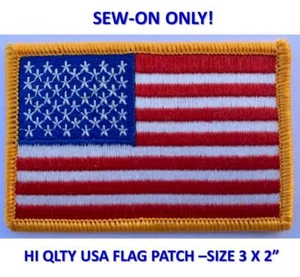 SEW-ON ONLY - USA AMERICAN FLAG EMBROIDERED PATCH GOLD BORDER (3 x 2”) - HI QLTY - Picture 1 of 6