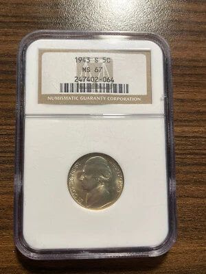 1943-S Jefferson Nickel 5C NGC MINT STATE 67 MS 67 Type 2, Silver Alloy - Image 1 of 2