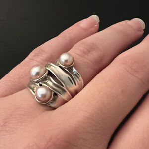 Hagit Gorali HG Vintage Israel 925 Sterling Silver 3 Peach Pearl Ring Size 7