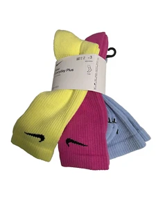 Nike Socks Mens Large Dri FIT Cushioned Crew 3 Pairs Yellow Pink Blue - Picture 1 of 4