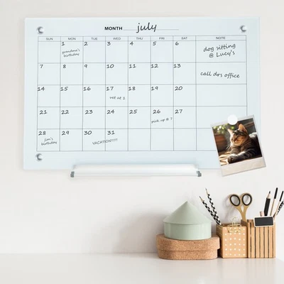 Magnetic Glass Dry Erase Wall Calendar with Markers - White by Sunnydaze - Image 1 of 4