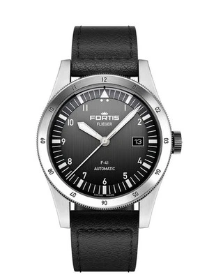 Correa de cuero redonda negra automática FORTIS Flieger F-41 F4220018 Bicompax 41 mm Foto 1 de 4