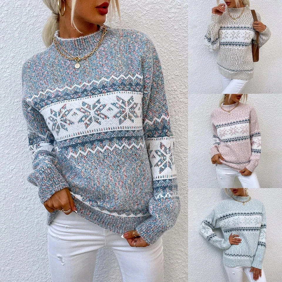 Ladies Chunky Knitted Christmas Snowflake Jumper Pullover XMAS Sweater Tops SIZE - Image 1 of 4