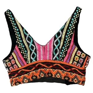 Tribal Festival schwarz orange rosa bestickt Baumwolle Tank Crop BH Top Gr. S - Bild 1 von 7