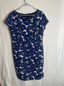 Talbots Women’s 14 Short Sleeve Knee Length dress Floral Blue Black White 5307 - Picture 1 of 8