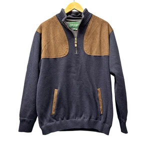 Orvis Sweater Mens Large Blue Tan Foul Weather Pullover Lined Wool Blend Pockets - Picture 1 of 8
