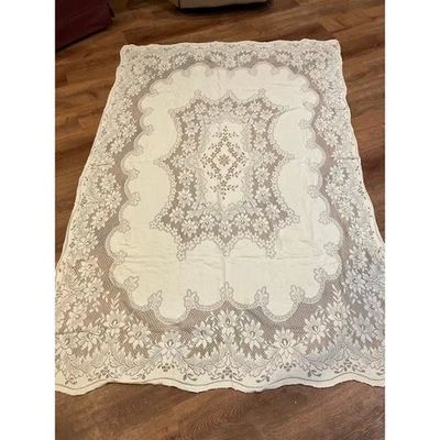 Vintage Machine Woven Tablecloth Rectangular Ivory Floral Motif 77" x 50" - Image 1 of 4