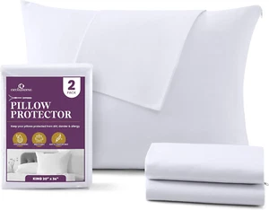 Pillow Protectors 2 Pack King Zippered - 100% Cotton Breathable Pillowcases - Pr - Picture 1 of 12
