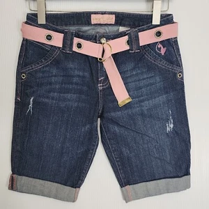 VTG BABY PHAT Shorts Womens Sz 9 Blue Denim Jean Belted Cuffed Y2K 32W 11L - Picture 1 of 11