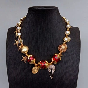 Red Beads White Cultured pearl Gold Plated Cz Pave Charm Necklace Vacation - Picture 1 of 6