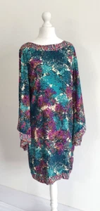 Red Herring Dress Size 12 Multi Coloured Fluted Sleeve Retro 60's Satin - Picture 1 of 11