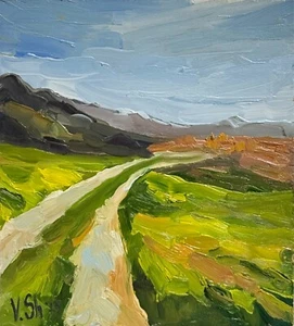 Pintura al óleo original paisaje campo de primavera impresionismo impasto 5,5x6 pulgadas - Imagen 1 de 7