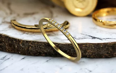 14k Solid Gold 7 Diamond Wedding Ring, Thin Diamond Wedding Band, Ring for Her - Image 1 of 4