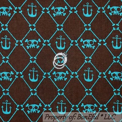 BonEful Fabric FQ Cotton Quilt Brown Aqua Blue PIRATE Skull Skeleton Cross Bone - Image 1 of 4