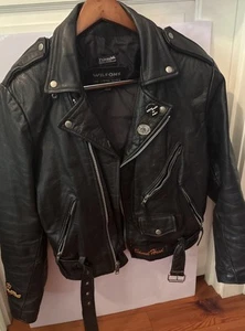 Black  Leather  Jacket Wilsons Biker Medium with Harley Davidson Patches - Picture 1 of 8