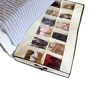 Men/Women Adults 12 Cells See Through Underbed Shoe Storage Bag Organizer, Beige - Picture 1 of 5