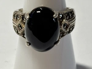 Avon Sterling Silver Onyx Marcasite Vintage Size 8 Ring RJ  Stamped 925 Avon - Picture 1 of 8