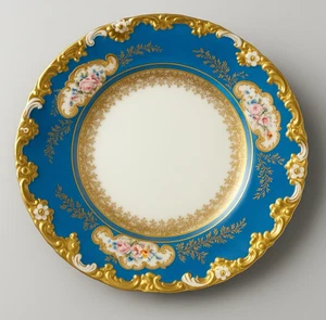 Antique GDA Limoges 10” Cabinet Plate Turquoise Blue Heavy Raised Gold Floral - Picture 1 of 5