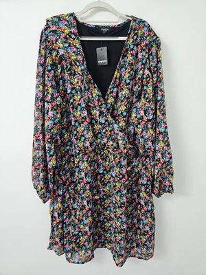 Simply Be Floral Wrap Skater Dress Plus Size UK 22 Black Multi Colour - Image 1 of 4