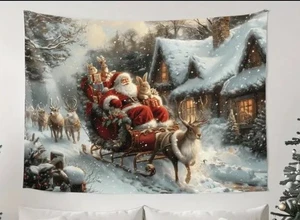 Weihnachtsmann auf Schlitten Weihnachten Wandteppich verschneite Stadt Landschaft Hintergrund. 95cm*73cm - Bild 1 von 2