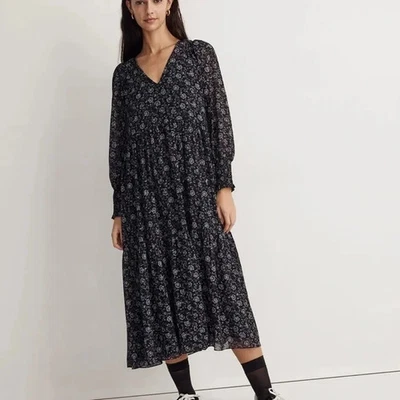 Vestido midi Madewell encantado floral manga larga Georgette cuello en V capas talla M Foto 1 de 4