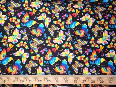 Rainbow Pride Butterflies Colors Black Cotton Craft Sewing Fabric 67 inches NEW - Image 1 of 3