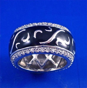 STERLING SILVER BLACK ENAMEL ETERNITY BAND WITH PAVE SET CZ SIDES, SIZE-7, 1.0CT - Picture 1 of 4