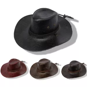 Herren PU Leder Western Cowboy Stil breite Krempe Mütze Outdoor Sonnenhut Unisex - Bild 1 von 15