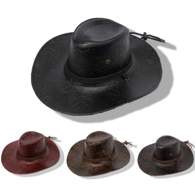 Men's PU Leather Western Cowboy Style Wide-brimmed Hat Outdoor Sun Hat Unisex - Image 1 of 4