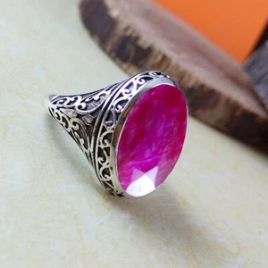 Solid 925 Sterling Silver Natural Ruby Corundum Cut Gemstone Birthday Men's Ring - Picture 1 of 12