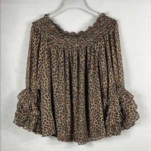 CeCe Womens Leopard Print Off-Shoulder Top Size XL Long Ruffle Sleeve Brown Blk - Picture 1 of 8