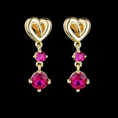 925 Sterling Silver 5mm Ruby Drop 3/4'' Earrings Gemstone Yellow Gold Plated - Image 1 of 2