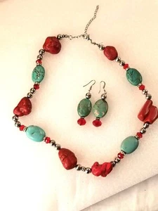 Juego de Pendientes Collar Encordados a Mano Turquesa Rojo Coral Estrás Tono Plata - Imagen 1 de 12