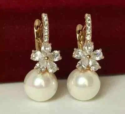 3Ct Round Cut Natural Pearl Flower Drop Dangle Earrings 14K Yellow Gold Plated - Image 1 of 4