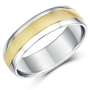 Dos Colores 9ct Oro Amarillo & Blanco Alianza 6mm Hombres Band - Imagen 1 de 2