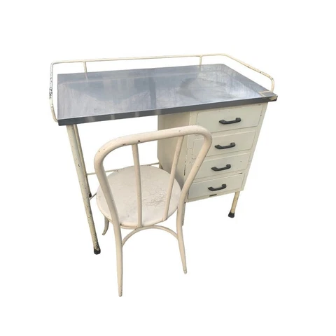 Vintage 1950's White Metal School Nurses Desk and Chair White Stainless Steel Cover