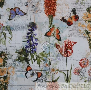 BonEful Fabric FQ Cotton Quilt VTG Natural Flower Butterfly Garden Cottage Home - Picture 1 of 13