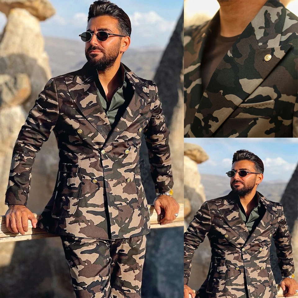 Camuflaje Hombres Trajes Doble Pecho Fiesta Negocios Boda Causal Baile de graduación Chaqueta Foto 1 de 4